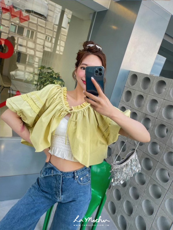 布蕾絲綁帶澎袖罩衫